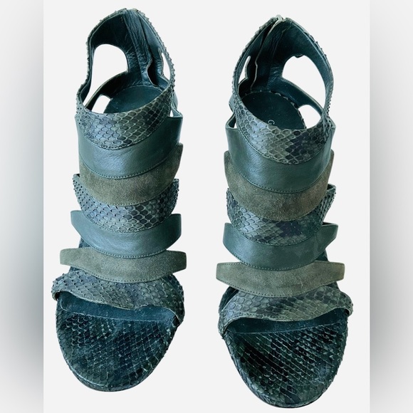 Rare Gucci Snakeskin & Leather Strappy Stiletto Sandals 38.5 Olive Green - Picture 3 of 8